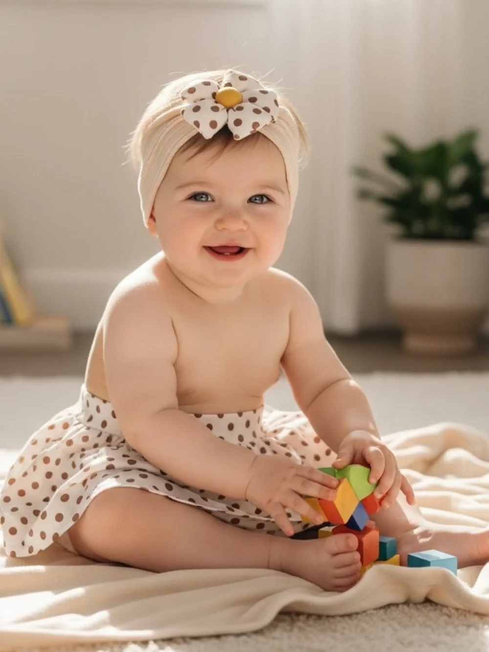 Neutral Polka Dot Flower Headband for Kids - Cream with Brown and Yellow Accent